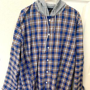 Blue Plaid Drawstring Hooded Jacket Causal Plaid Loose Fashion